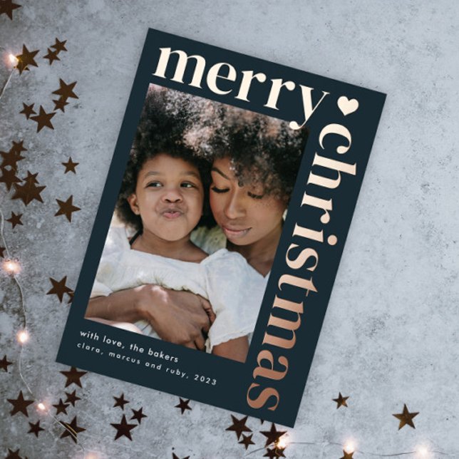 Modern Bold Typography Merry Christmas  Foil Holiday Card (A modern photo christmas holiday card with elegant real foil merry christmas bold typography.)