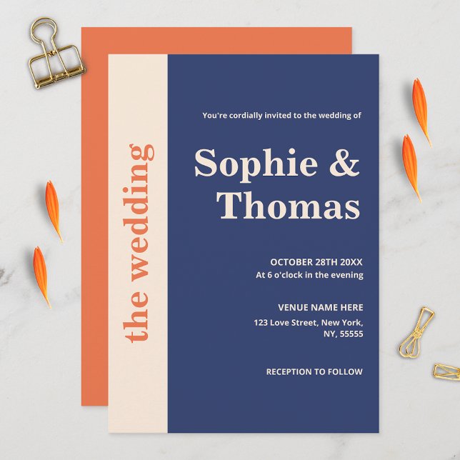 Modern Bold Typography Navy Blue Orange Wedding Invitation (Creator Uploaded)