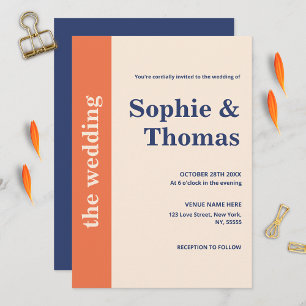 Modern Bold Typography Orange Navy Blue Wedding Invitation