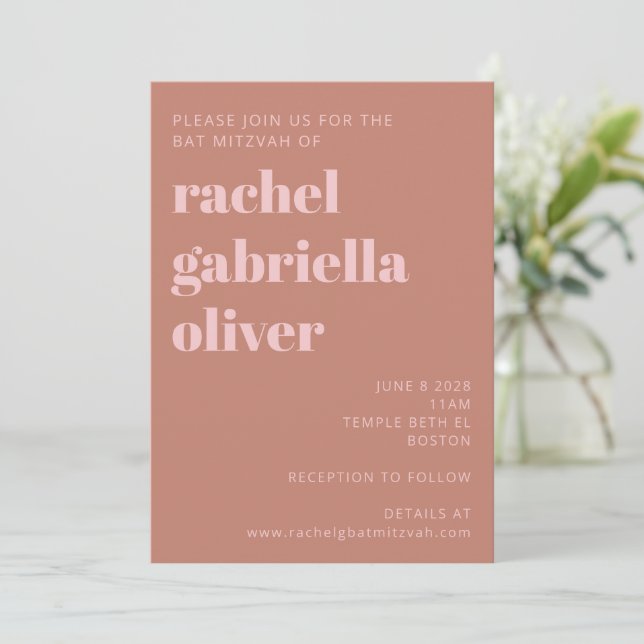 Modern Bold Typography Terracotta Pink Bat Mitzvah Invitation (Standing Front)