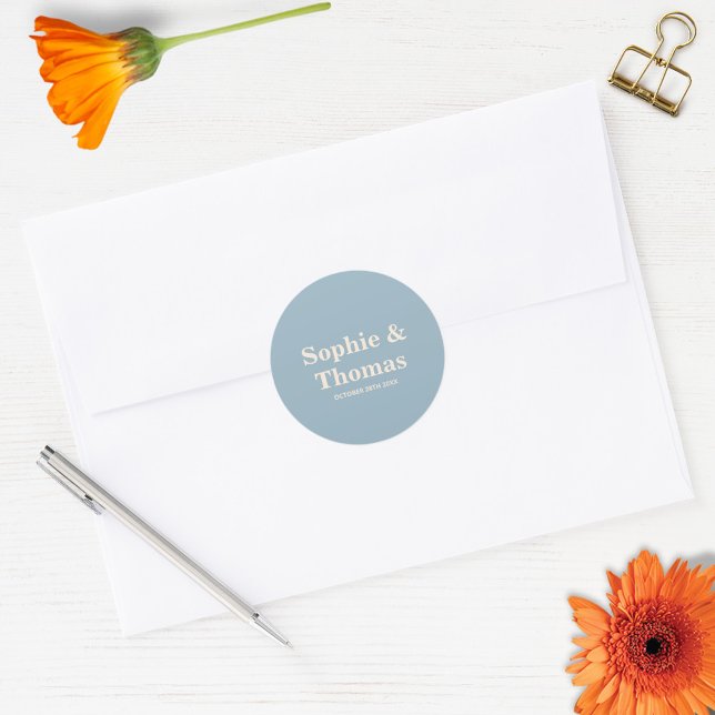 Modern Bold Typography Wedding Dusty Blue Classic Round Sticker (Creator Uploaded)