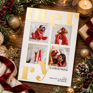 Modern Bold Typography White 4 Photo Merry Foil Holiday Card