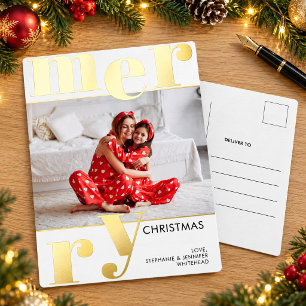 Modern Bold Typography White Photo Merry Christmas Foil Holiday Postcard
