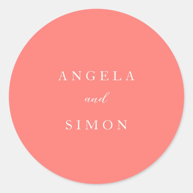 Modern Bold Vibrant Coral Simple Wedding Classic Round Sticker (Front)