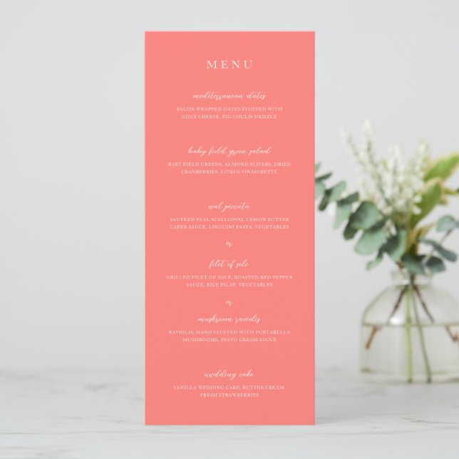 Modern Bold Vibrant Coral Simple Wedding Menu (Standing Front)