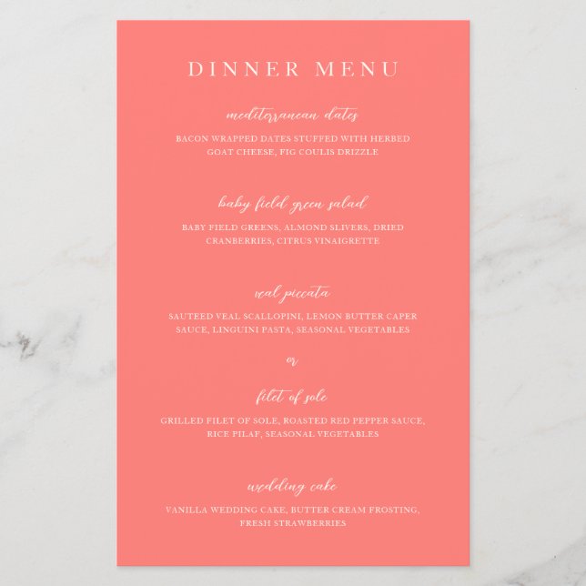 Modern Bold Vibrant Coral Simple Wedding Menu (Front)