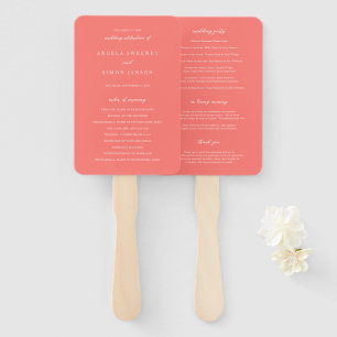 Modern Bold Vibrant Coral Simple Wedding Program Hand Fan
