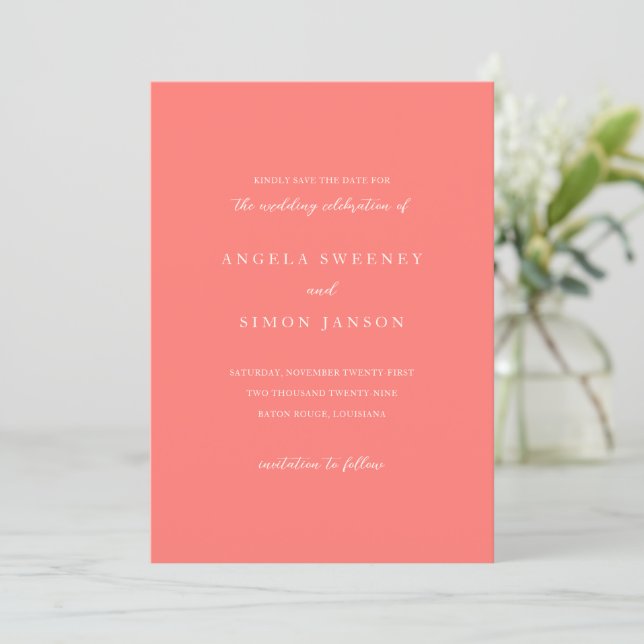 Modern Bold Vibrant Coral Simple Wedding Save The Date (Standing Front)