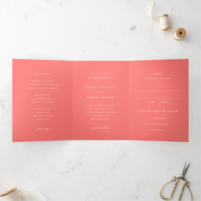 Modern Bold Vibrant Coral Simple Wedding Tri-Fold Invitation (Inside)