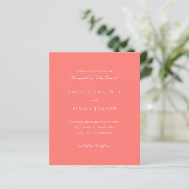 Modern Bold Vibrant Coral Wedding Save the Date (Standing Front)