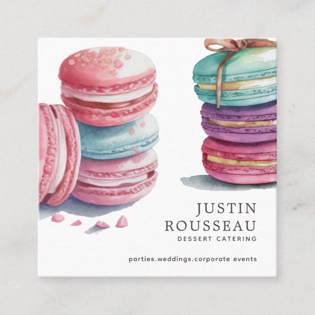 Modern Bold Watercolor Macaron Baker Pastry Chef  Square Business Card (Front)