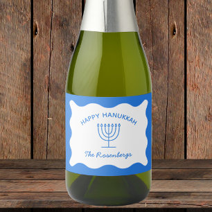 Modern Bold Wavy Border Personalised Blue Hanukkah Sparkling Wine Label
