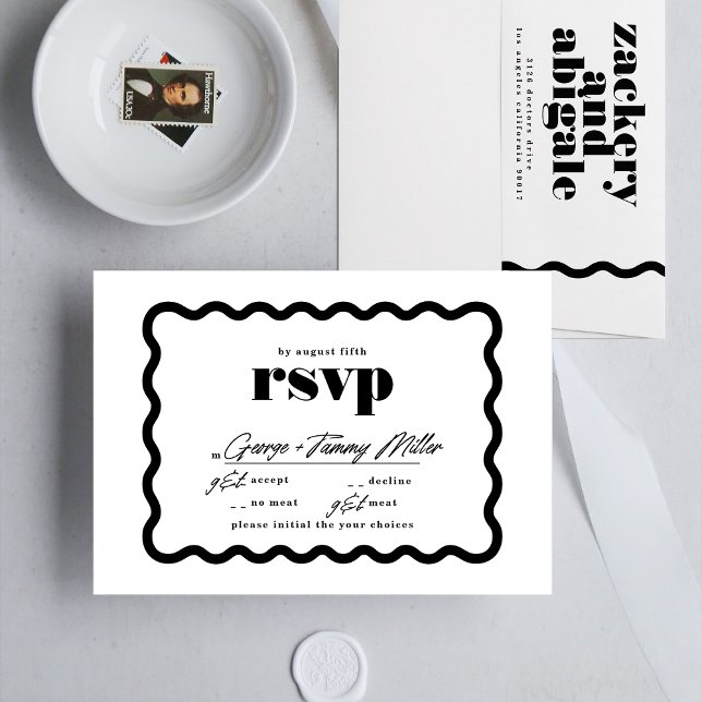 Modern Bold Wavy Frame Black White Wedding RSVP Card (Creator Uploaded)