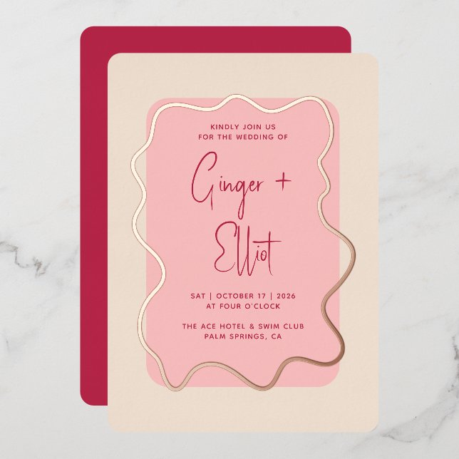 Modern Bold Wavy Frame Magenta Pink Wedding Gold (Front/Back)