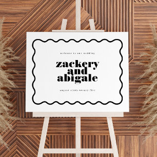 Modern Bold Wavy Line Framed Black White Wedding Poster