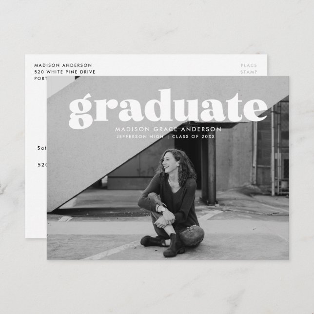 Modern Bold White Overlay Photo Graduation Party Postcard (Front/Back)