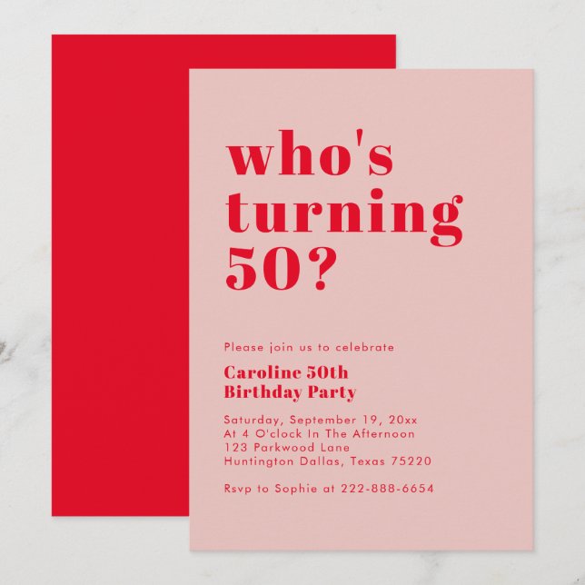 Modern Bold Who's Turning 50 | Rose Red Birthday Invitation (Front/Back)