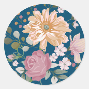 Modern Bold Yellow & Pink Floral on Blue Classic Round Sticker
