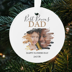 Modern Bonus Dad   Photo Fathers Day Glass Ornament