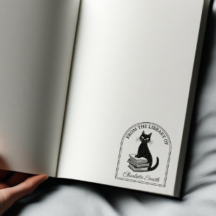 Modern Bookish Cat, Custom Bookplate Rubber Stamp
