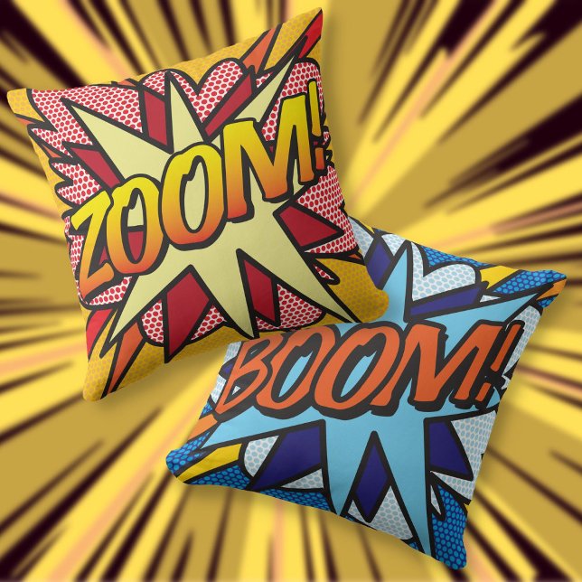 Modern BOOM ZOOM Comic Book Pop Art Cushion (Modern BOOM ZOOM Comic Book Pop Art Throw Pillow)