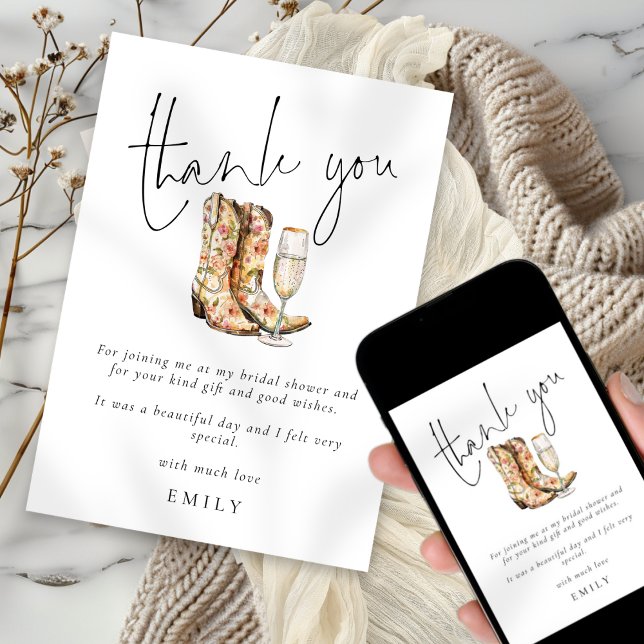Modern Boots and Bubbly Bridal Shower Thank You Card (Available digitally and printed)