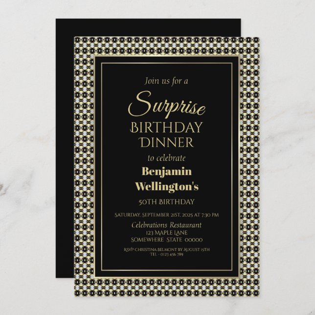 Modern Border Black Surprise 50th Birthday Dinner Invitation (Front/Back)