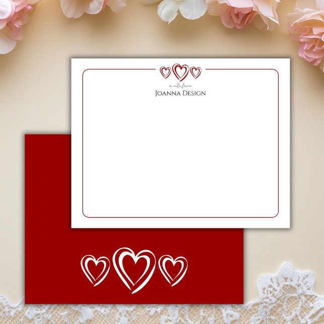 Modern Border Crimson Red Three Heart Note Card (Creator Uploaded)