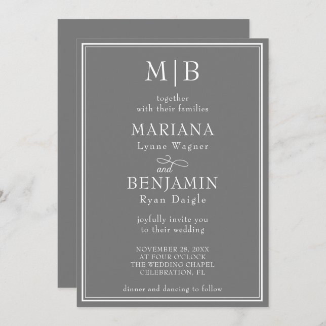 Modern Border Minimalist Boho Grey Wedding Invitation (Front/Back)