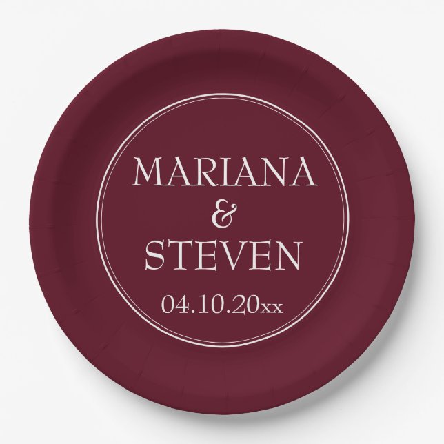 Modern Border Minimalist Burgundy Paper Plate (Front)