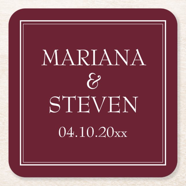 Modern Border Minimalist Burgundy Square Paper Coaster (Front)