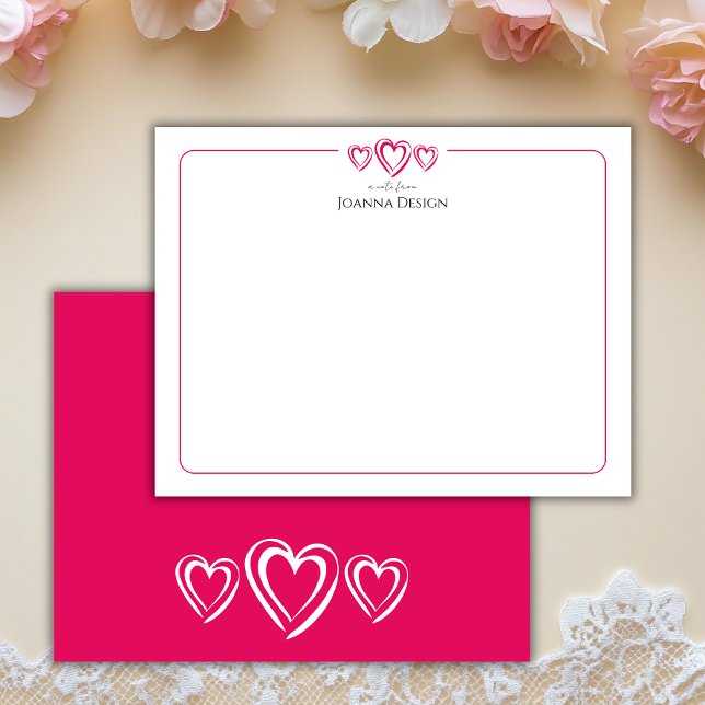 Modern Border Raspberry Pink Three Heart Note Card (Creator Uploaded)