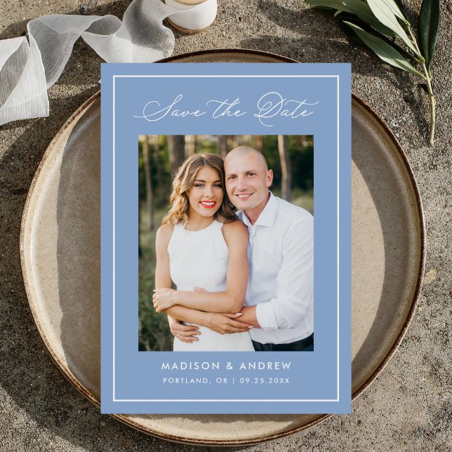 Modern Border Script Blue Photo Wedding Save The Date (Creator Uploaded)