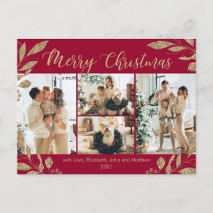 Modern Bordo Gold Leaves Photo Collage Christmas Postcard