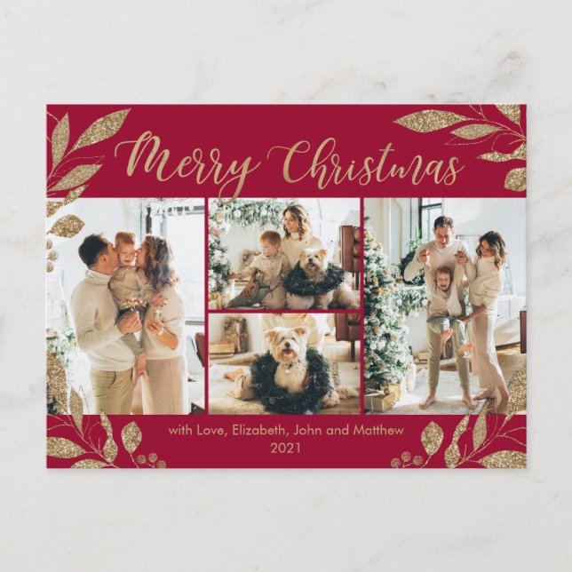 Modern Bordo Gold Leaves Photo Collage Christmas Postcard (Front)