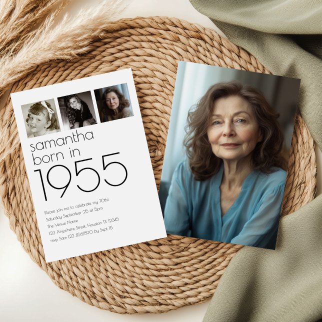 Modern Born in 1955 4 Photos 70th Birthday Party Invitation (Front and back view)