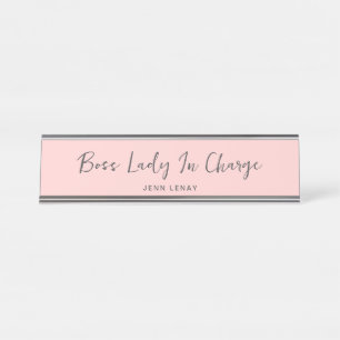 Modern Boss Blush Pink Grey Script Personalised Desk Name Plate