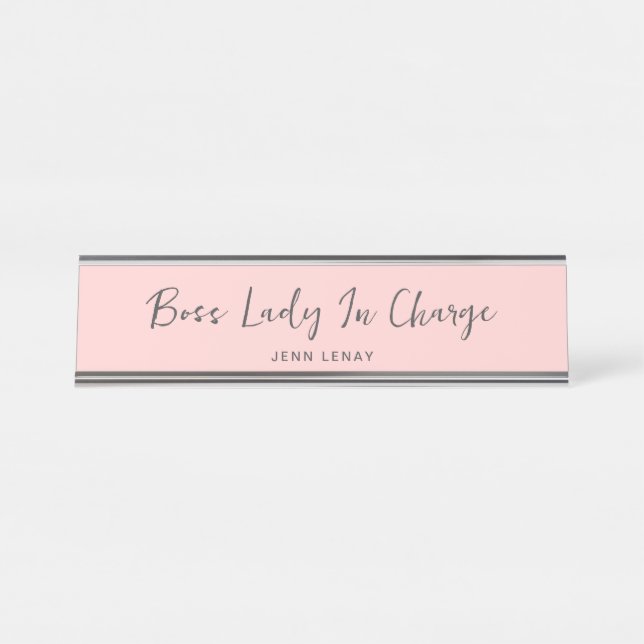 Modern Boss Blush Pink Grey Script Personalised Desk Name Plate (Front)