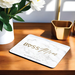 Modern Boss Mum Stylish Gold & White Grey Marble Mouse Pad