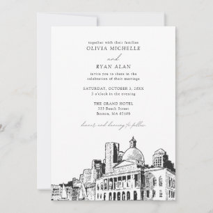 Modern Boston Wedding Skyline Sketch Black & White Invitation