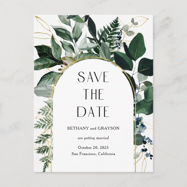 Modern Botanic Greenery QR code wedding save date Announcement Postcard (Front)
