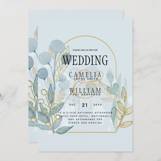 Modern Botanica; Aqua SeaGlass Gold Wedding Invite (Front/Back)