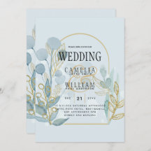 Modern Botanica; Aqua SeaGlass Gold Wedding Invite