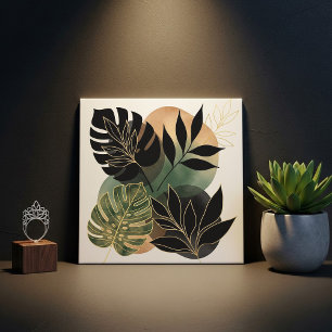 Modern Botanical Abstract Art Black and Gold Leave Ceramic Tile