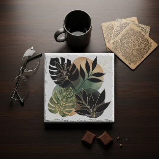 Modern Botanical Abstract Art Black and Gold Leave Stone Coaster