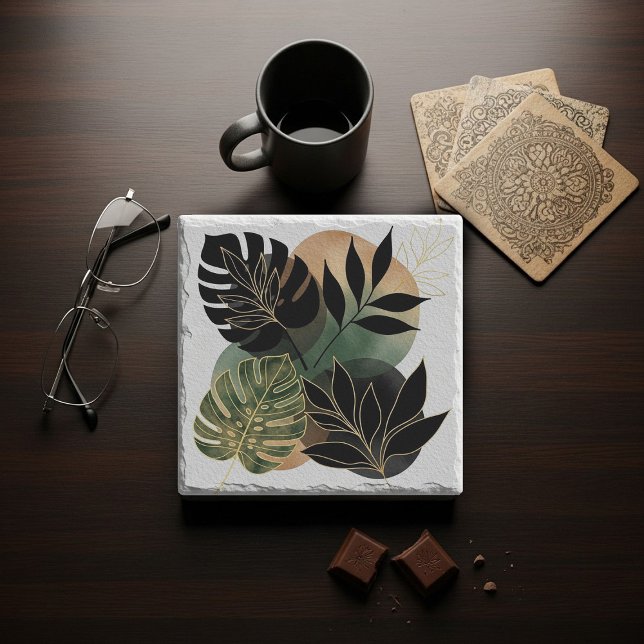 Modern Botanical Abstract Art Black and Gold Leave Stone Coaster (Creator Uploaded)