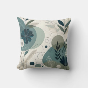 Modern Botanical Abstract Teal And Neutral Tones Cushion