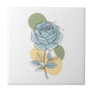 Modern Botanical Aesthetic - Blue Rose Line Art Ceramic Tile
