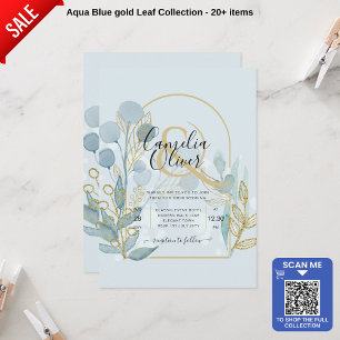 Modern Botanical Aqua SeaGlass Gold Wedding Invite