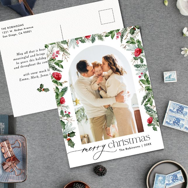 Modern Botanical Arch Christmas Photo Holiday Postcard (Creator Uploaded)